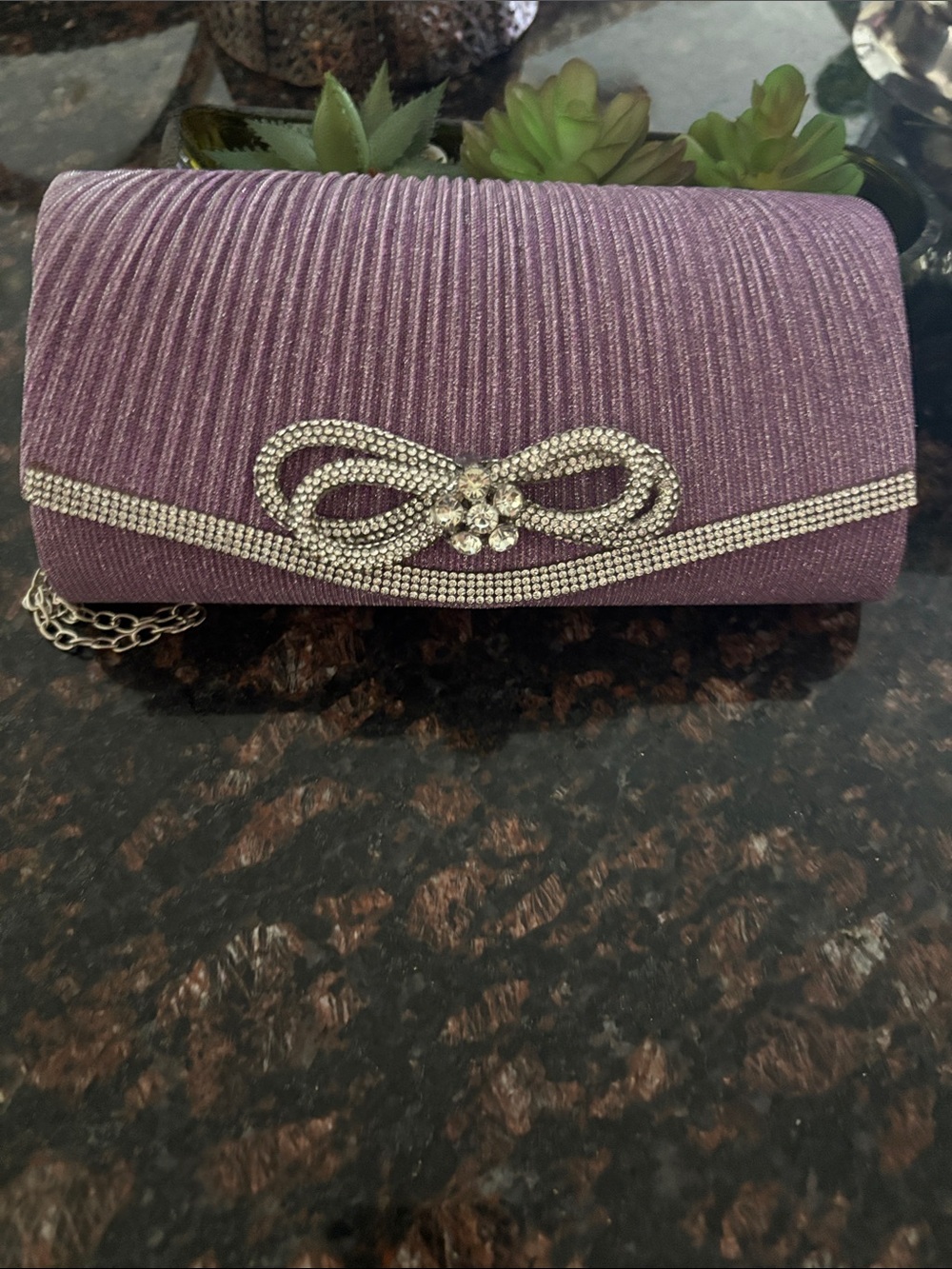 Elegant Pinkish  Evening Clutch with Crystal Bow Accent
